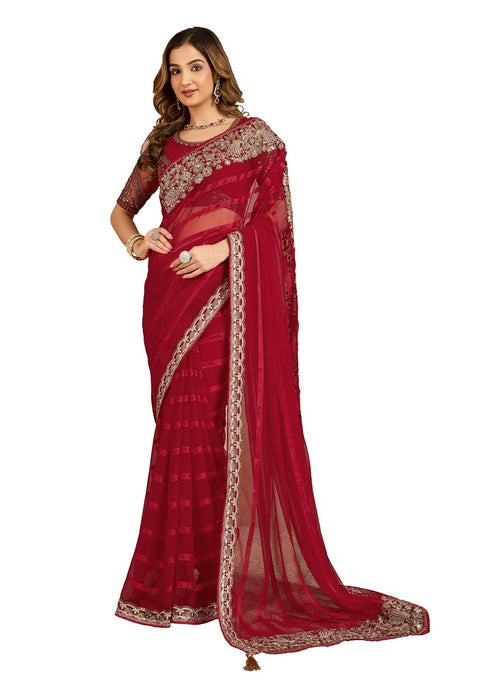 Vasthrlay Chiffon Embroidery Red Ethnic Wear