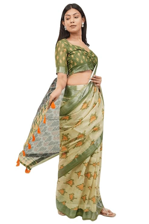 Vasthrlay Womens Green Paisley Printed Linen Saree With Unstitched Blouse Piece