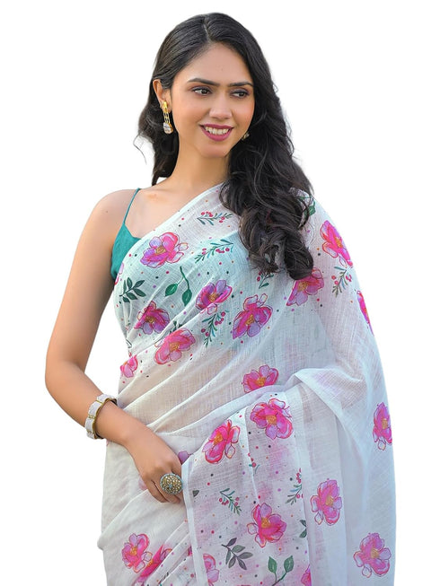 Vasthrlay Womens Printed Unstitched Off White Saree