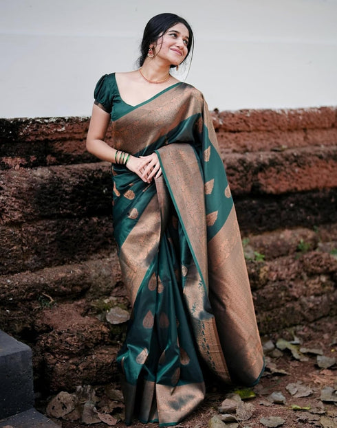 Vasthrlay Banarasi Jacquard Unstitched Dark Green Saree