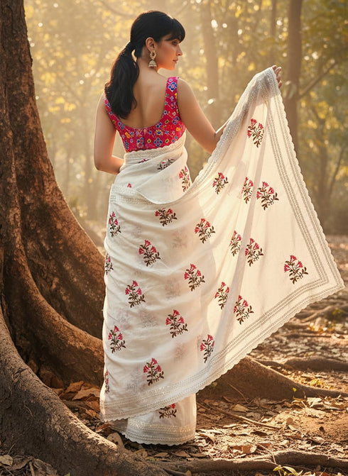 Vasthrlay Georgette Embroidery White Ethnic Wear