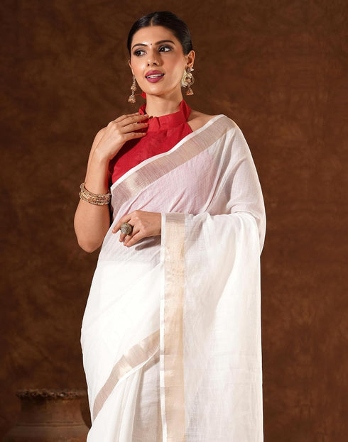 Vasthrlay Womens Cotton Unstitched White Saree