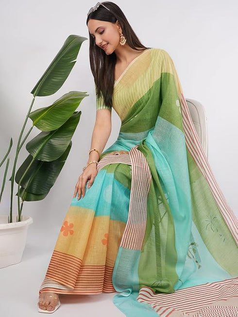 Vasthrlay Green Linen Floral | Striped | Check Design Printed Saree With Solid Unstitched Linen Blouse Piece
