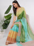 Vasthrlay Green Linen Floral | Striped | Check Design Printed Saree With Solid Unstitched Linen Blouse Piece