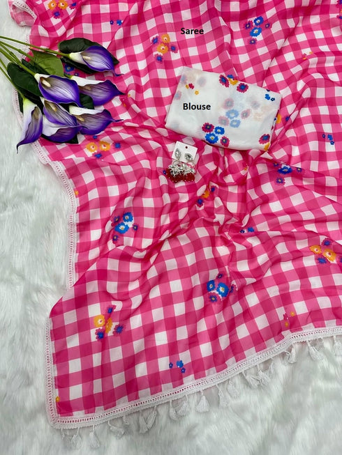 Vasthrlay Checks Floral Tassel Lightweight