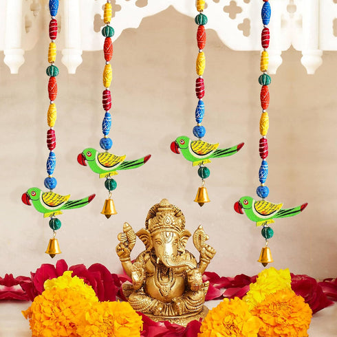 TIED RIBBONS Pack of 4 Wall Hangings for Decor Toran, Parrot Latkans with Bells