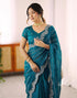 Vasthrlay Scalloped Embroidery Blue Saree With Unstitched Blouse Piece