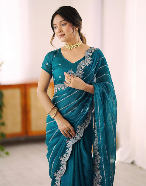 Vasthrlay Scalloped Embroidery Unstitched Lime Green Saree