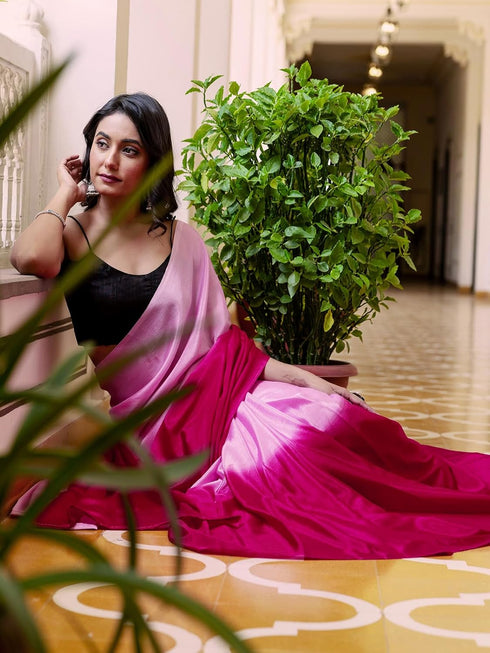 Vasthrlay Chinnon Padding Unstitched Rani Pink Saree