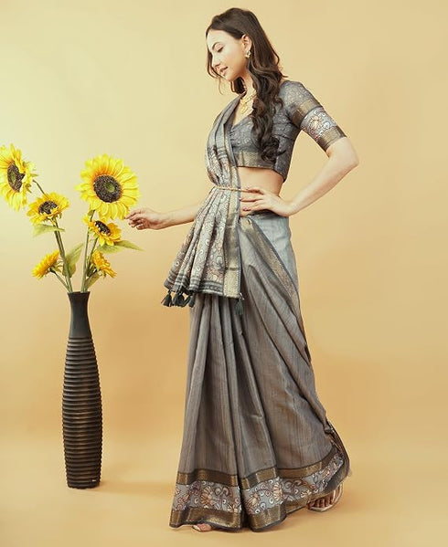 Vasthrlay Beige Rust Geometric Print Polyester Saree With Dull Gold Zari Border And Unstitched Blouse Piece
