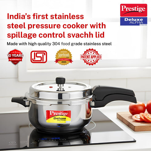 Prestige 5 Litre Stainless Steel Deluxe Alpha Svachh Outer Lid Deep Pressure Pan Cooker