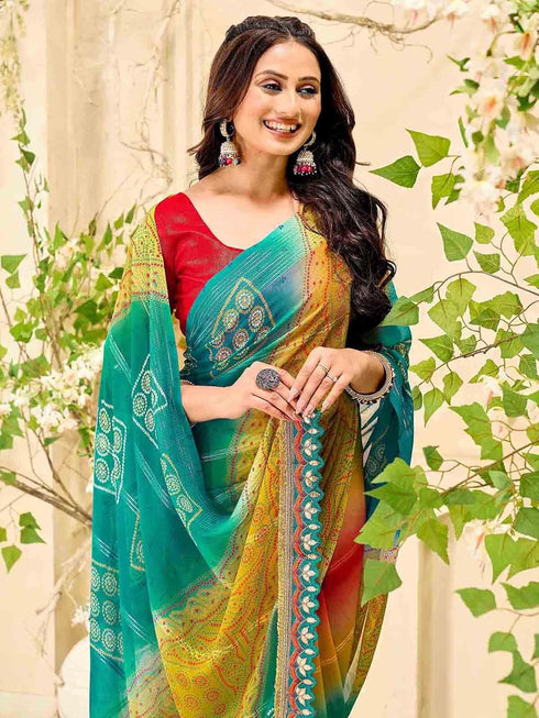 Vasthrlay Georgette Bandhani Unstitched Pink Saree