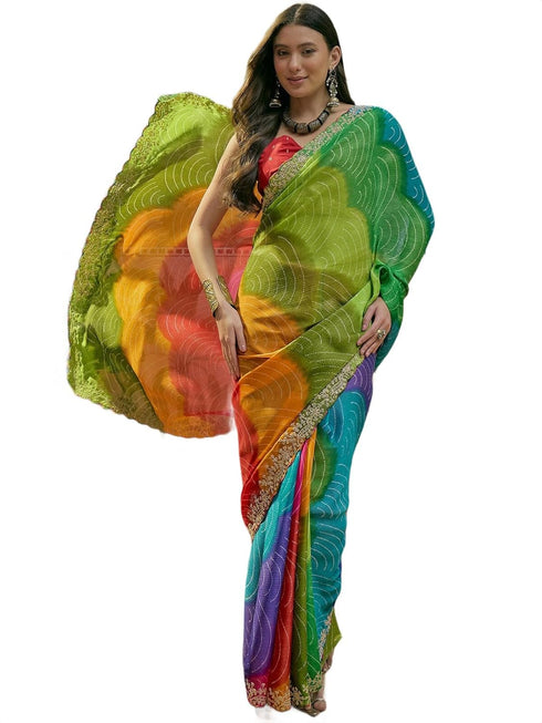 Vasthrlay Scalloped Embroidery Unstitched Lime Green Saree