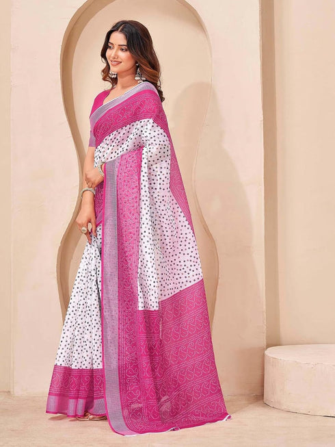 Vasthrlay Bandhani Embroidery White | Pink Saree With Unstitched Blouse Piece