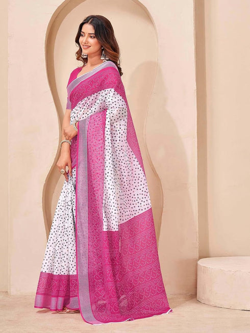 Vasthrlay Bandhani Embroidery Unstitched White Saree
