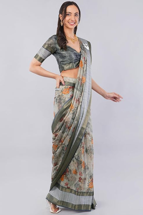 Vasthrlay Womens Silver Grey Polyester Floral Ready To Wear Saree