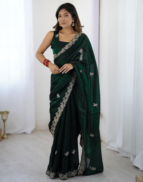 Vasthrlay Scalloped Embroidery Unstitched Rani Pink Saree