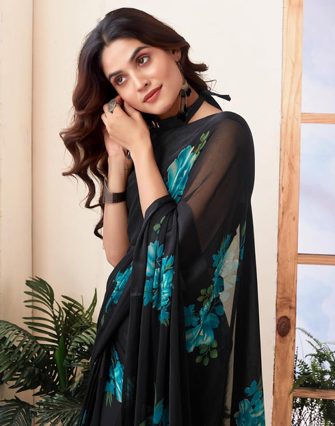 Vasthrlay Georgette Sequence Unstitched Black Saree