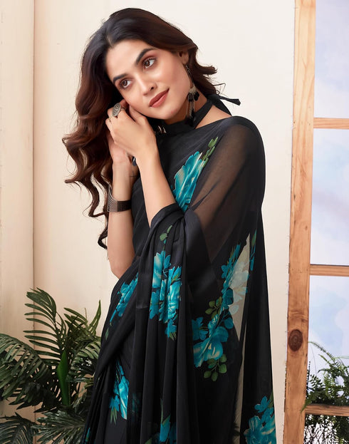 Vasthrlay Georgette Sequence Black And Blue Saree With Unstitched Blouse Piece