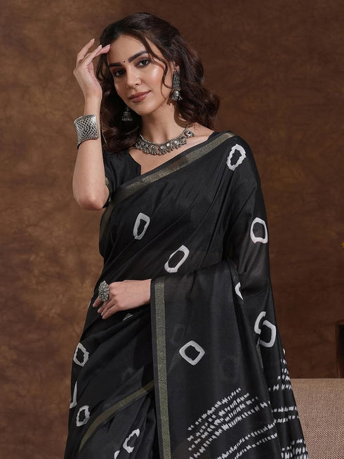 Vasthrlay Weaving Printed Black Saree With Unstitched Blouse Piece
