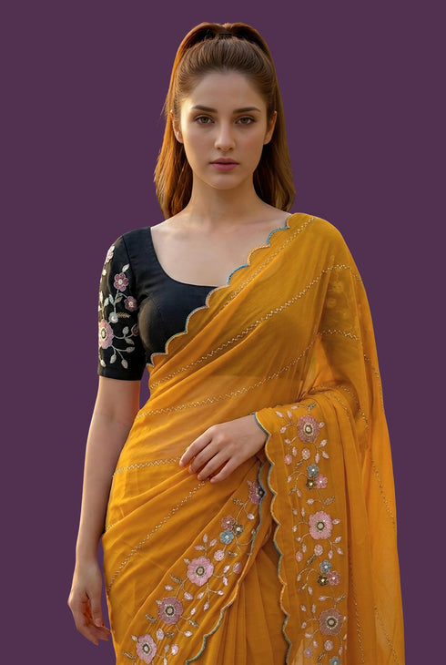 Vasthrlay Yellow Unstitched Saree