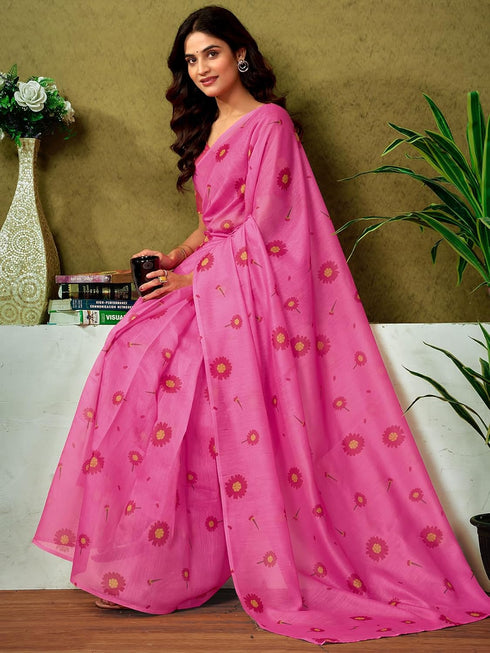 Vasthrlay Chanderi Printed Unstitched Sky Blue Saree