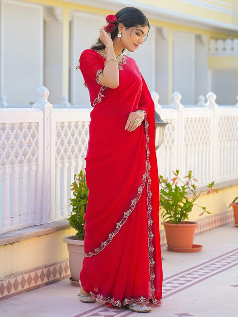 Vasthrlay Scalloped Embroidery Yellow Saree