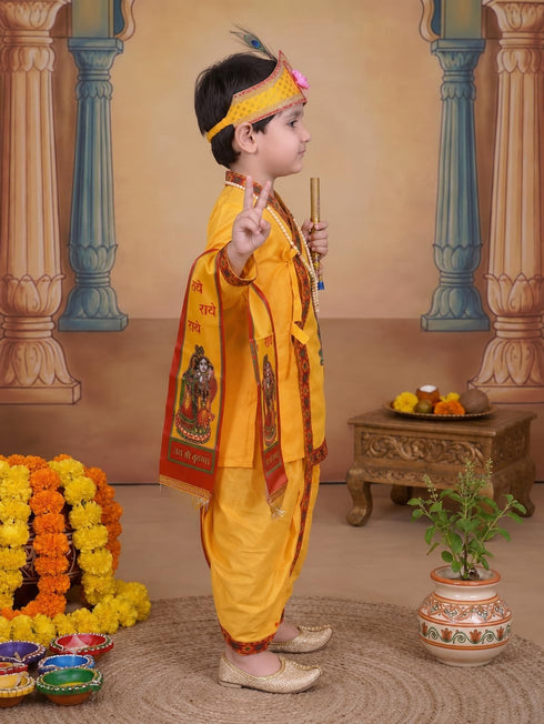 Krishna Makhan Chor Dress, Kurta, Dhoti, Mukut, Bansuri, Mala & Pataka Set
