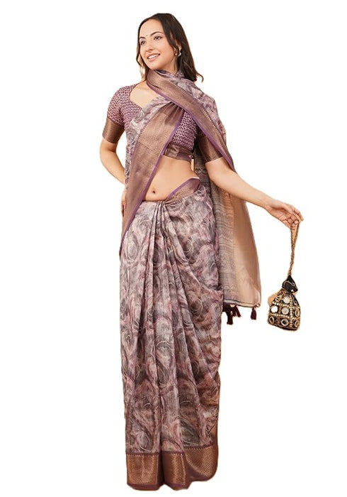 Vasthrlay Mauve Patchwork Print Polyester Saree With Zari Border And Unstitched Blouse Piece