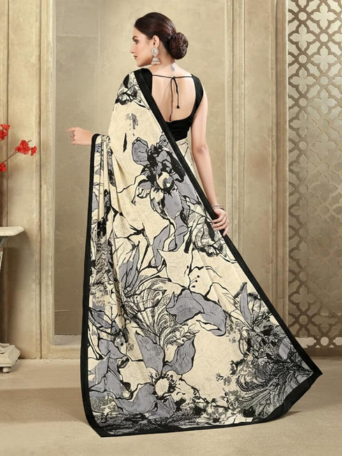 Vasthrlay Womens Printed Beige And Black Border Saree With Unstitched Blouse Piece