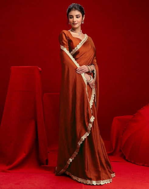 Vasthrlay Womens Blouse Rust Saree With Unstitched Blouse Piece