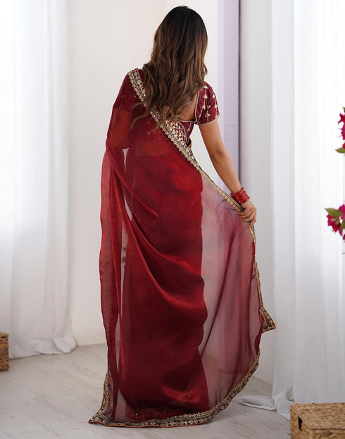 Vasthrlay Shimmer Chiffon Unstitched Maroon Saree