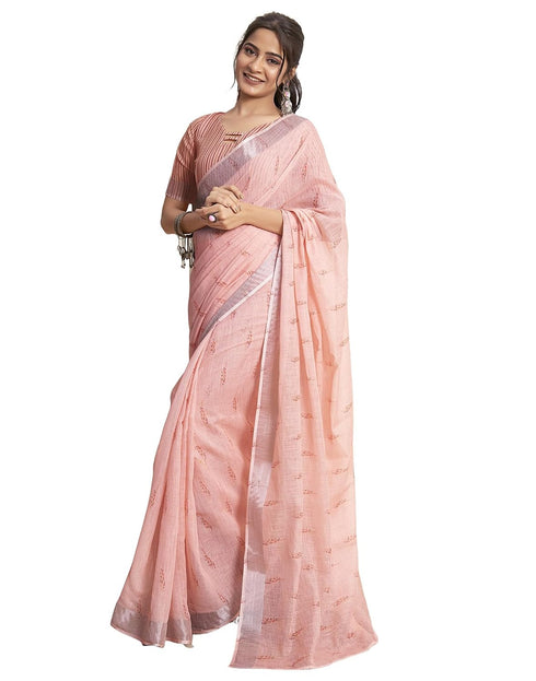 Vasthrlay Printed Striped Peach Saree With Unstitched Blouse Piece
