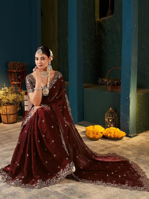 Vasthrlay Scalloped Embroidery Unstitched Rani Pink Saree