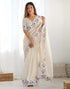 Vasthrlay Embroidery Scalloped Unstitched Off White Saree