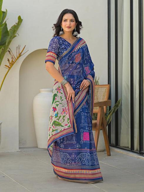 Vasthrlay Bandhani Embroidery Brown Saree With Unstitched Blouse Piece
