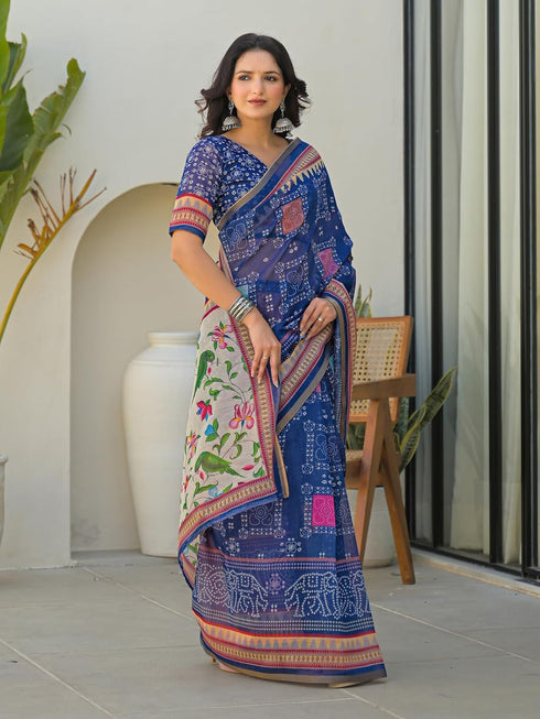 Vasthrlay Bandhani Embroidery Unstitched White Saree