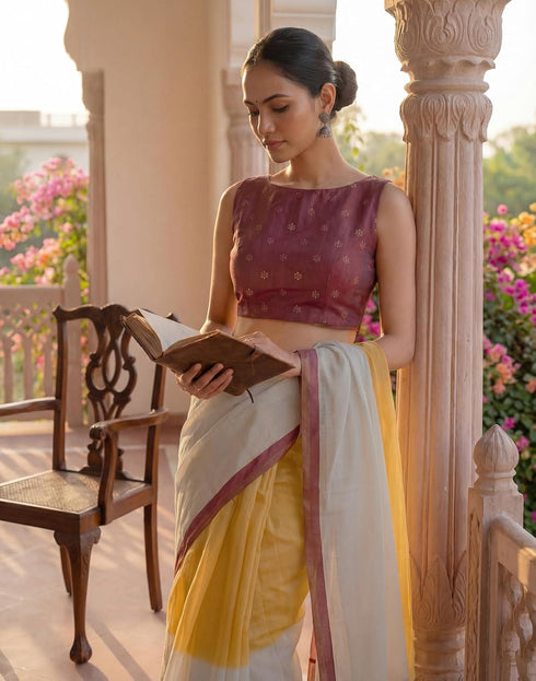 Vasthrlay Womens Printed Unstitched Yellow Saree