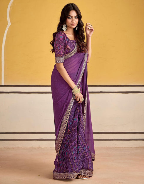 Vasthrlay Georgette Embroidery Purple Saree With Unstitched Blouse Piece
