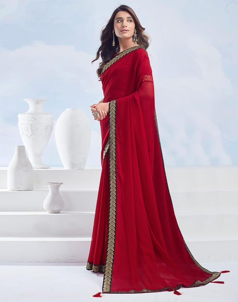 Vasthrlay Georgette Boarder Red | Golden Saree With Unstitched Blouse Piece