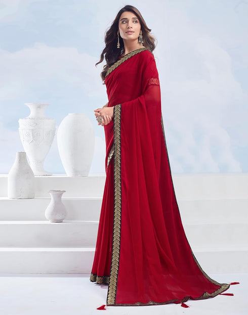Vasthrlay Georgette Boarder Unstitched Red Saree