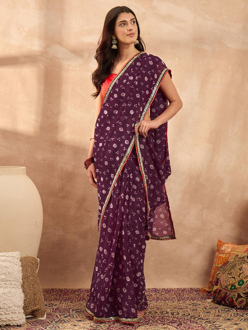 Vasthrlay Vasthrlaywomenspurplegeorgettebandhaniprintembroideredlaceworksareewithunstitchedblousepiece Sareeforwoman Designersareeforwomen Tr Ethnic Wear