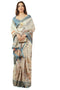 Vasthrlay Cream Dusty Blue Textured Polyester Saree With Kalamkari Floral Border And Ruched Unstitched Blouse Piece