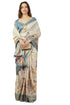 Vasthrlay Cream Dusty Blue Textured Polyester Saree With Kalamkari Floral Border And Ruched Unstitched Blouse Piece