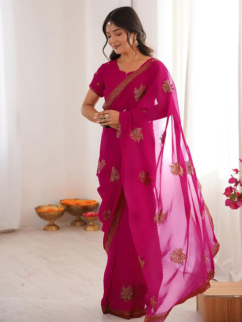 Vasthrlay Georgette Embroidery Unstitched Dark Green Saree
