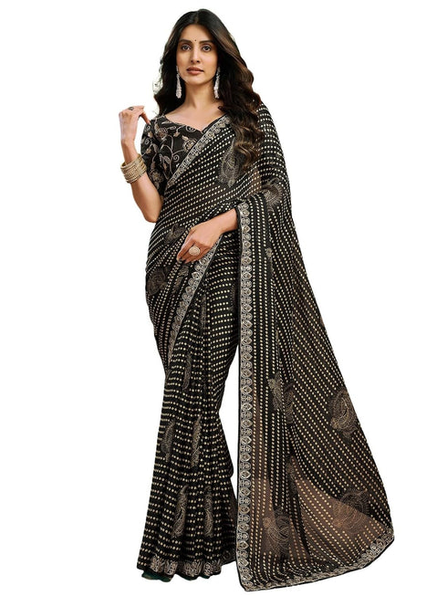 Vasthrlay Chiffon Bandhani Black Saree With Unstitched Blouse Piece