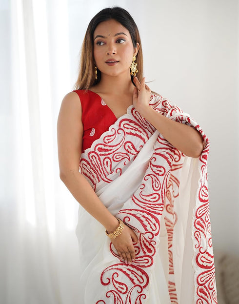 Vasthrlay Embroidery Scalloped Unstitched Off White Saree