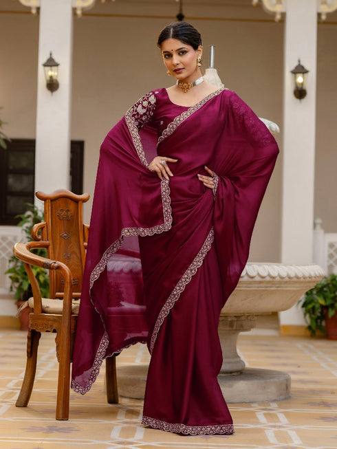Vasthrlay Sequins Embroidery Unstitched Maroon Saree