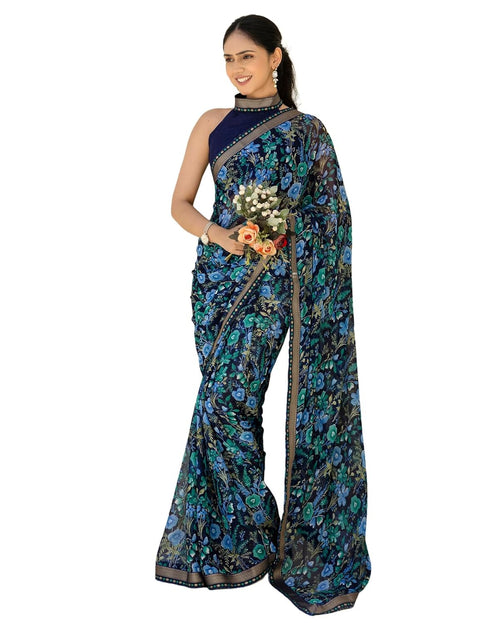 Vasthrlay Chiffon Tassels Unstitched Dark Green Saree