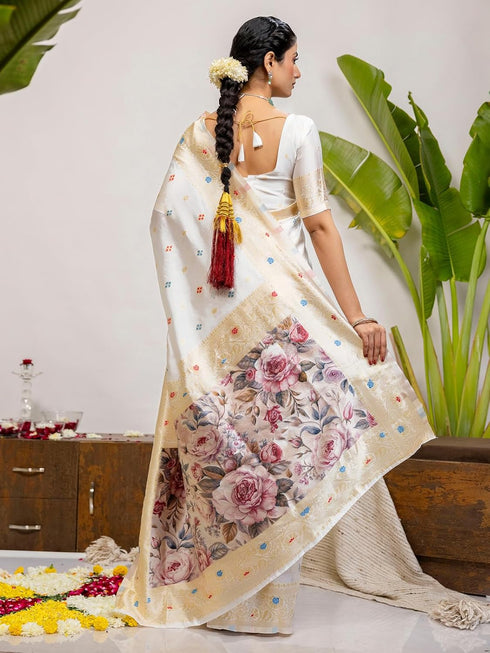 Vasthrlay Weaving Printed Off White Off White Saree